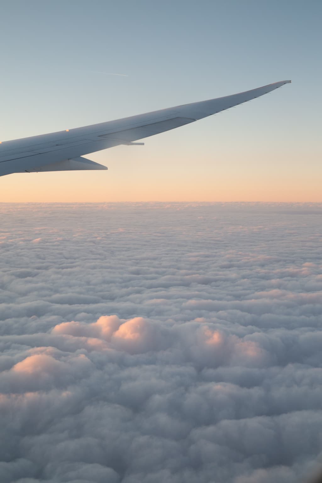 Au pair arrival. The sun rise is visible above the clouds from the window of an airplane.