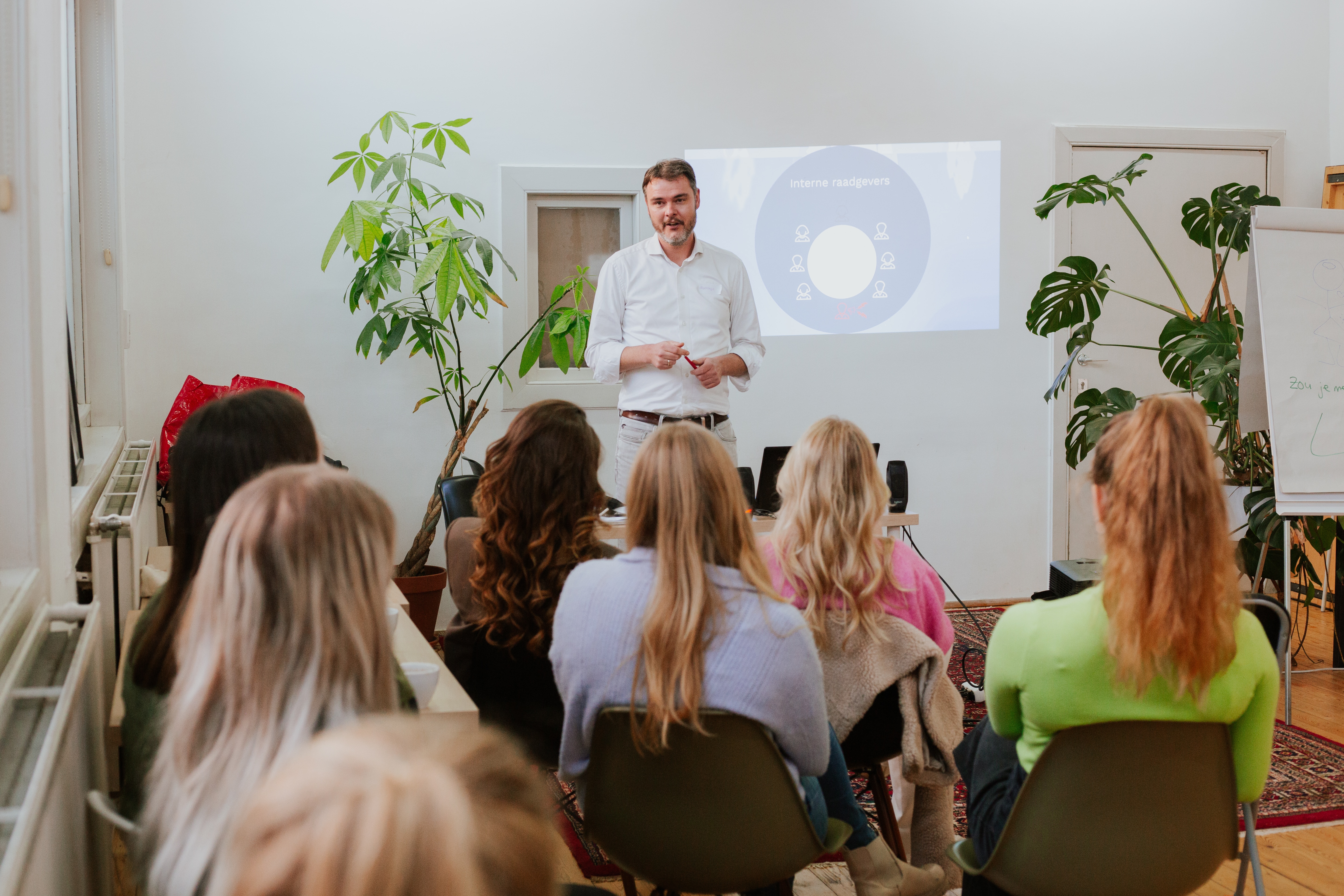 Persoonlijke ontwikkelingstraining starters trainer spreekt groep toe