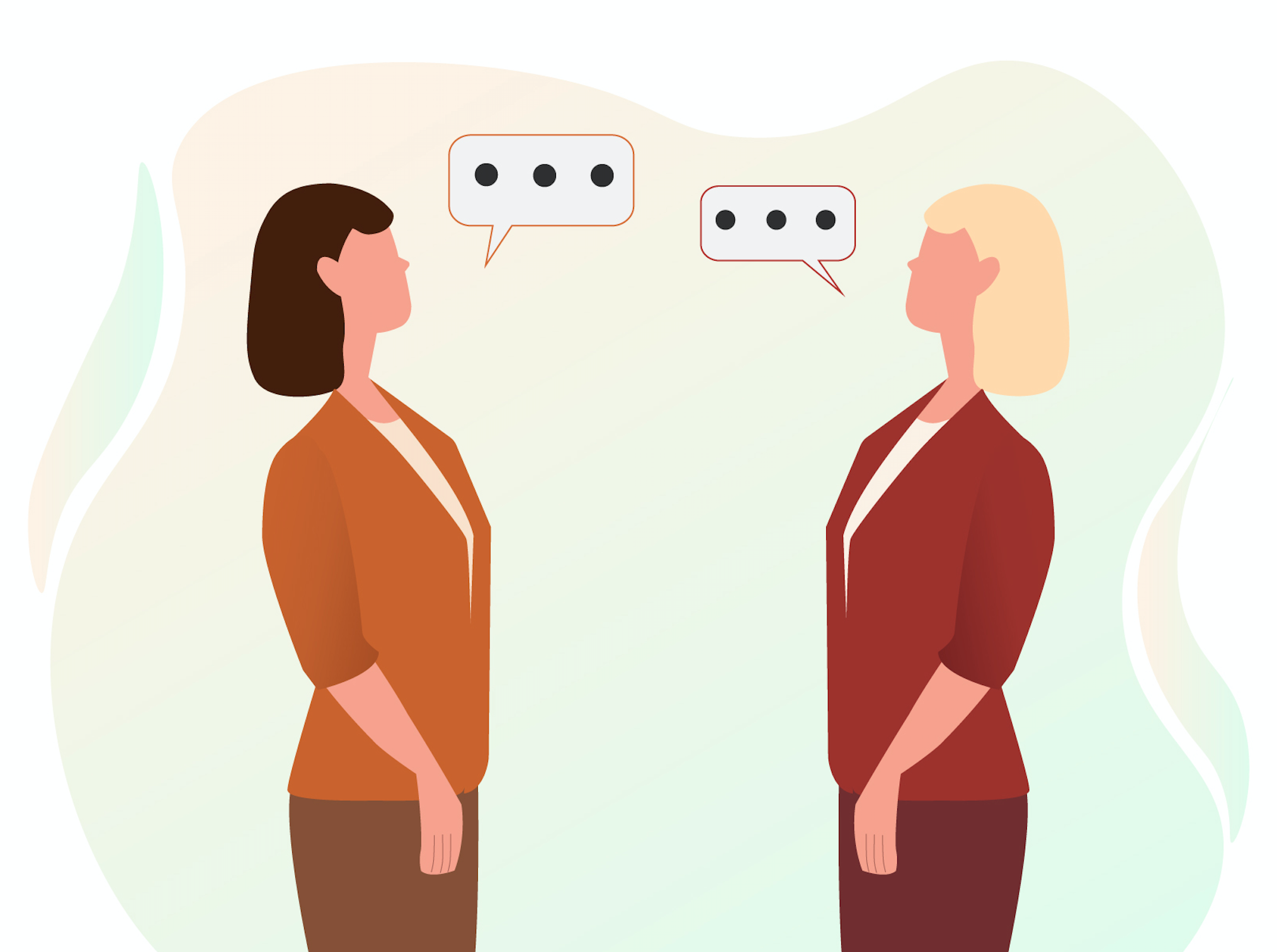 twee dames die allebei in het rood kleed zijn die tegen elkaar praten tussen de dames in twee tekstwolkjes met drie puntjes erin en praten over studiekosten nanny academy
