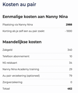 kosten voor een au pair in nederland via nanny nina