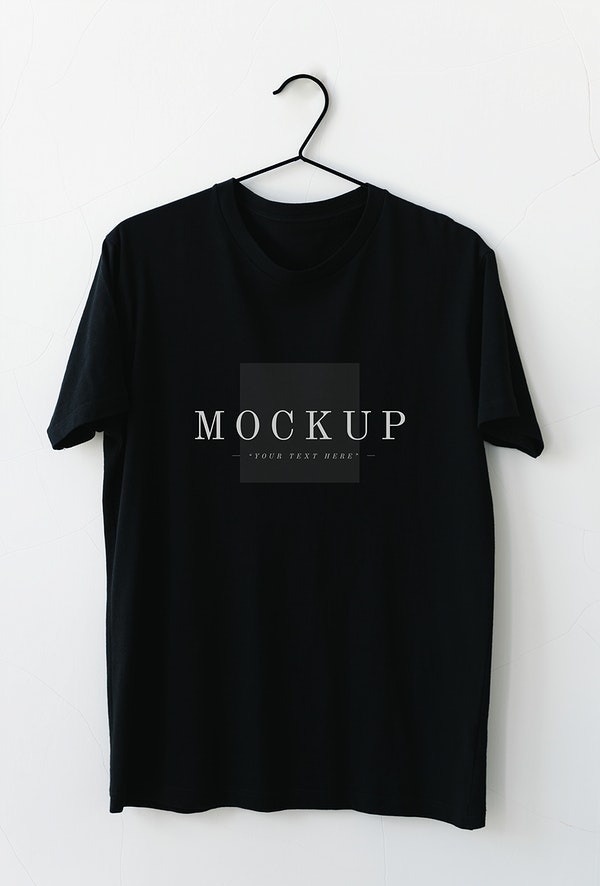 zwart korte mouwen shirt met witte letters 'mockup' erop