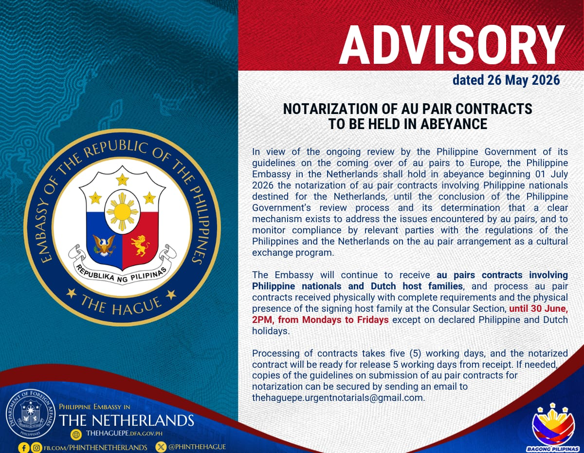 Filipino Au Pair Procedures in the Netherlands Suspended From July 2026